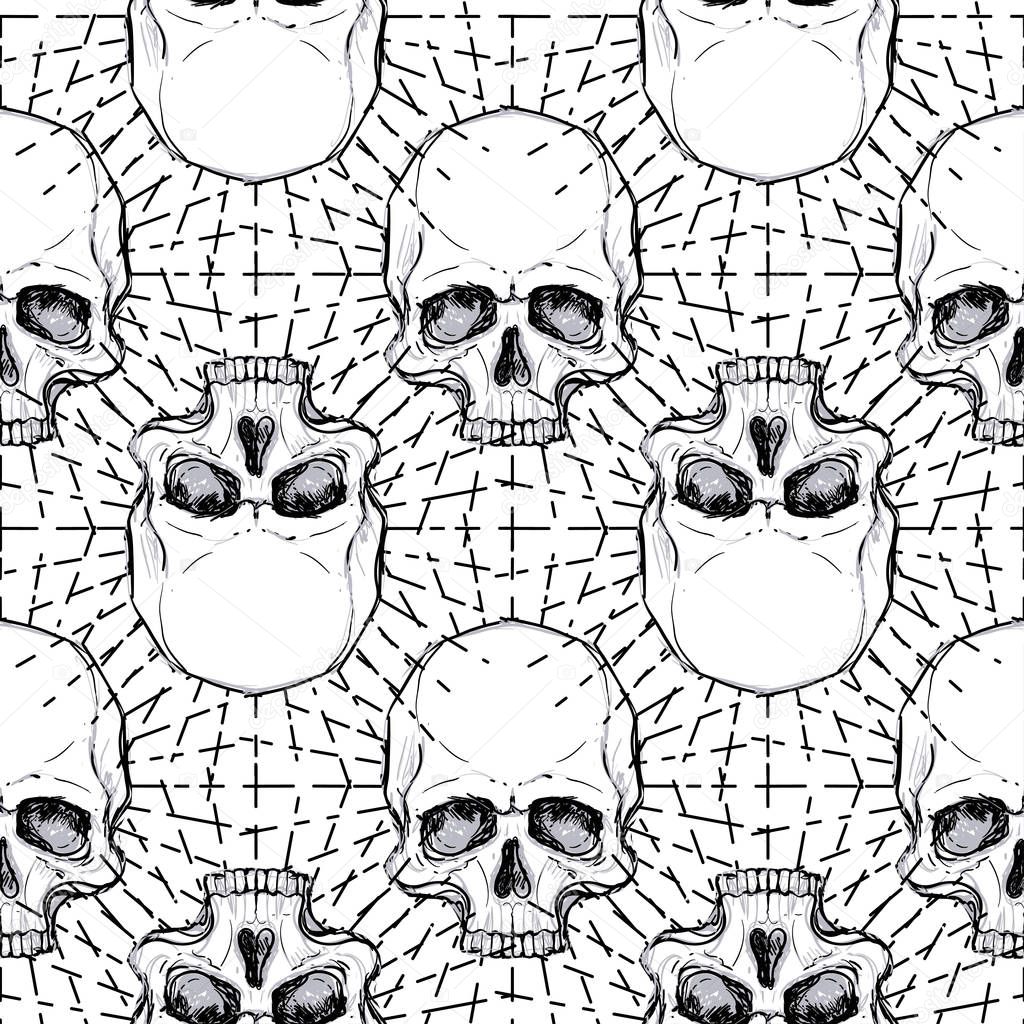 Seamless pattern with skulls and rays. Vector illustration. Reapiting background. Black and White
