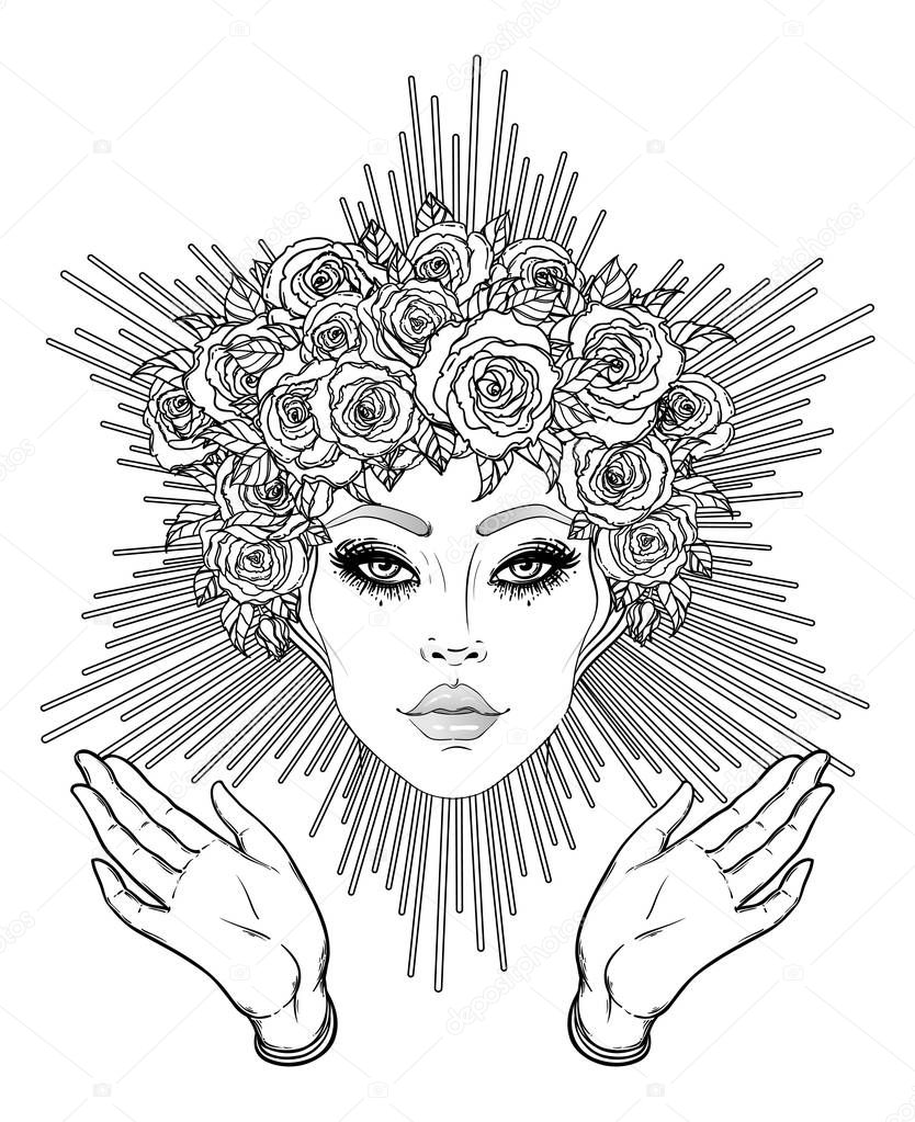 Madonna, Lady of Sorrow. Devotion to the Immaculate Heart of Blessed Virgin Mary, Queen of Heaven. Vector illustration isolated on white. Coloring book for adults. Tattoo design.