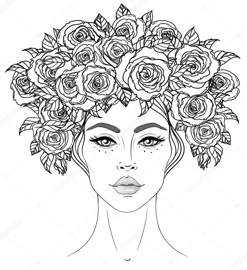 Tribal Fusion Boho Diva. Beautiful Asian divine girl with ornate crown, kokoshnik inspired. Bohemian goddess. Hand drawn elegant illustration. Lotus flower, ethnic art, patterned Indian paisley.