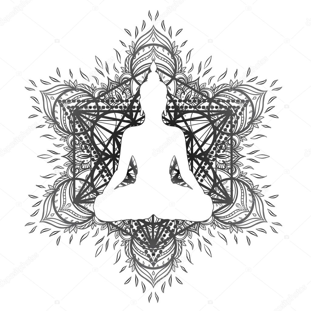 Sitting Buddha Statue over ornate mandala inspired pattern. Esoteric vintage vector illustration. Indian, Buddhism, spiritual art. Hippie tattoo, spirituality, Thai god, yoga zen Adult coloring book.