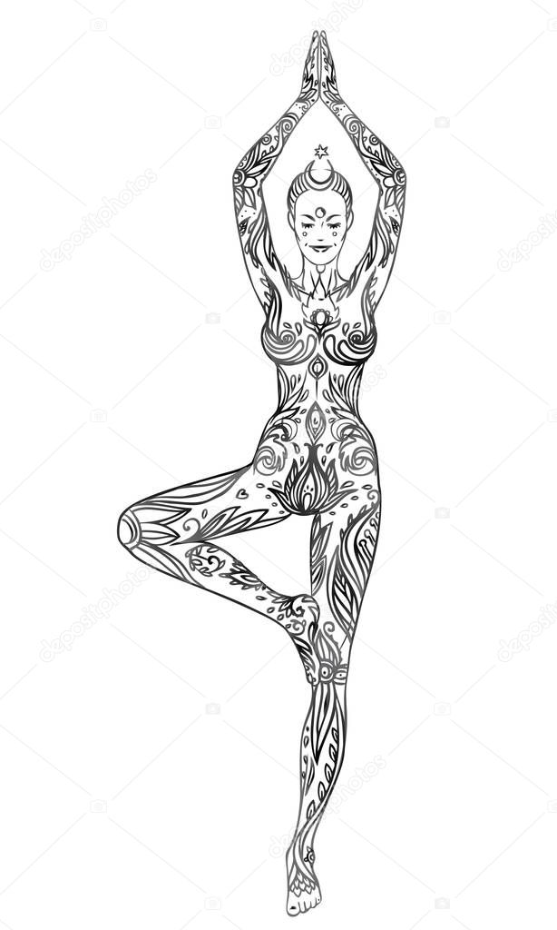 Young pretty girl doing yoga. Vrikshasana: tree posture, Hand drawn decorative vintage vector illustration isolated on white. Mehenidi ornate decorative style. Yoga studio concept. Hindu motif