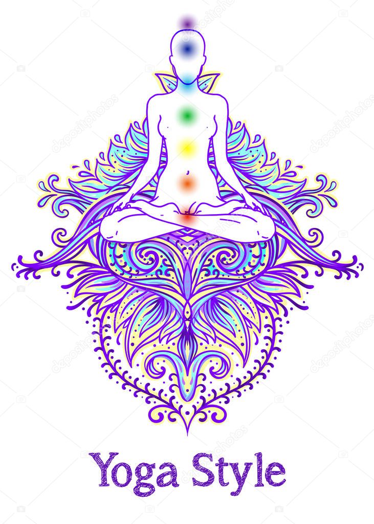 Chakra concept. Inner love, light and peace. Buddha silhouette in lotus position over colorful ornate mandala. Vector illustration isolated. Buddhism esoteric motifs. Tattoo, spiritual yoga. - Vector