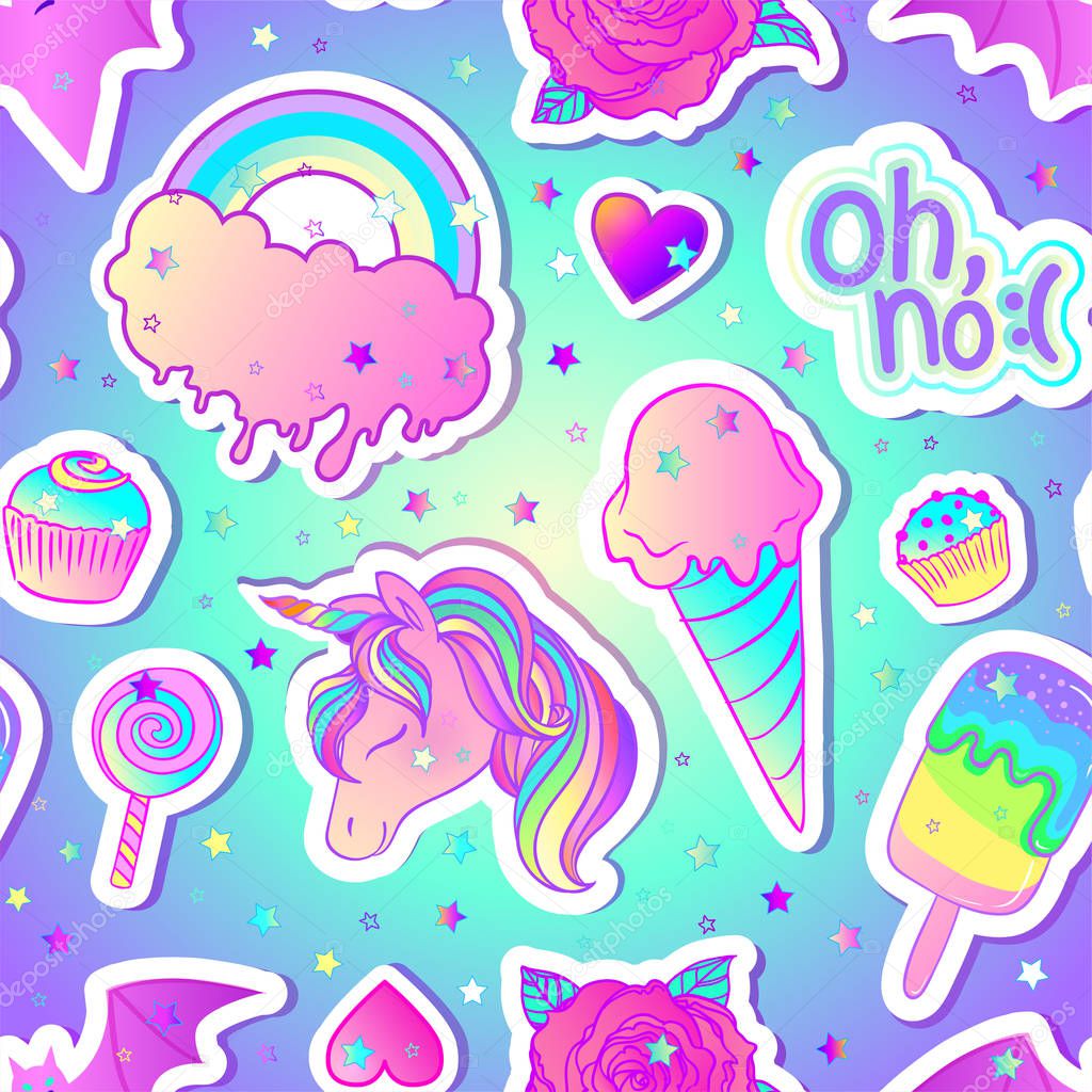 Colorful seamless pattern: unicorn, sweets, rainbow, ice cream, lollipop, cupcake, rose, bat. Vector illustration. Stickers, pins, patches. Kawaii pastel colors. Cute gothic style.