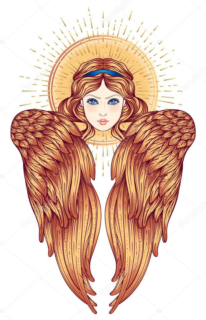 Sirin, Alkonost, Gamayun mythological creature of Russian legends. Angel girl with wings. Isolated hand drawn vector illustration. Trendy Vintage style element. Spirituality, occultism, alchemy, magic