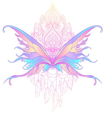 Kutsal geometri işareti üzerinde gökkuşağı renkleri kelebek, izole vec