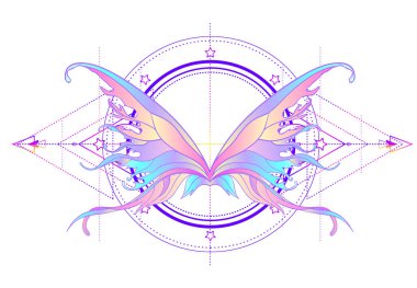 Kutsal geometri işareti üzerinde gökkuşağı renkleri kelebek, izole vec