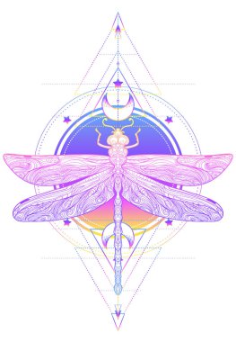 Kutsal geometri işareti üzerindeki yusufçuk sineği, izole vektör çizimi