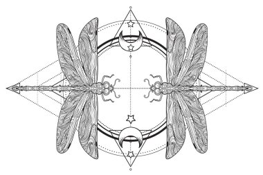 Kutsal geometri işareti üzerindeki yusufçuk sineği, izole vektör çizimi