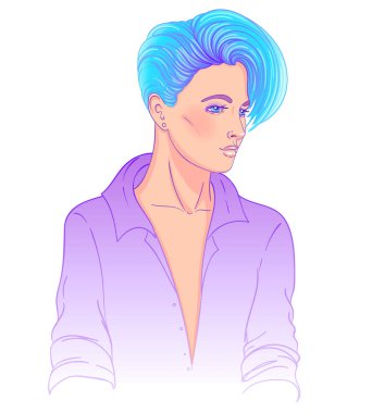 Kısa saçlı güzel beyaz bir kadının portresi..