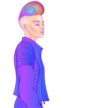 Kısa traşlı, çift cinsiyetli genç bir kadının portresi.