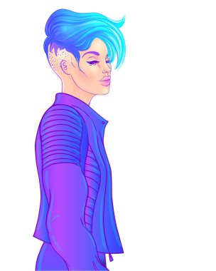 Kısa traşlı, çift cinsiyetli genç bir kadının portresi.