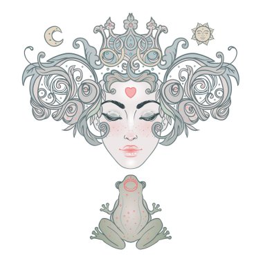 Prenses bir kurbağa prensi öpüyor. Sanat geliştirmesindeki vektör illüstrasyonu