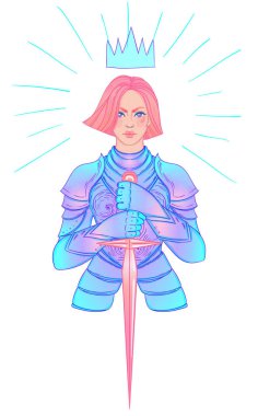 Kılıçlı güzel bir kızın portresi. Zırhlı kadın şövalye. Vektör çizimi. Ortaçağ estetiği. Kız gücü. Joan of Arc ilham verdi. Etiket, yama, tişört izi, logo tasarımı.