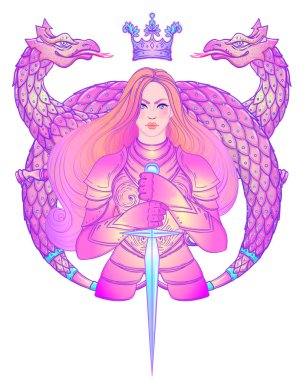 Ejderhalı güzel bir kızın portresi. Zırhlı kadın şövalye. Vektör çizimi. Ortaçağ estetiği. Kız gücü. Joan of Arc ilham verdi. Etiket, yama, tişört izi, logo tasarımı.