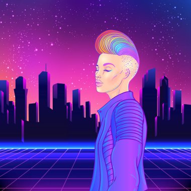 Kısa traşlı, çift cinsiyetli genç bir kadının portresi.