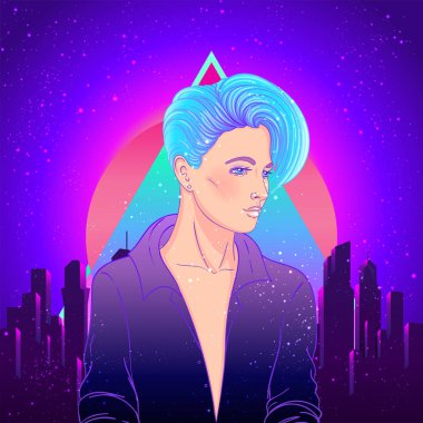 Kısa traşlı, çift cinsiyetli genç bir kadının portresi.