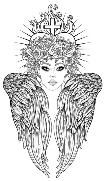 Înger fată cu aripi și halo. Isolated mână trasă vector illus — Vector de stoc