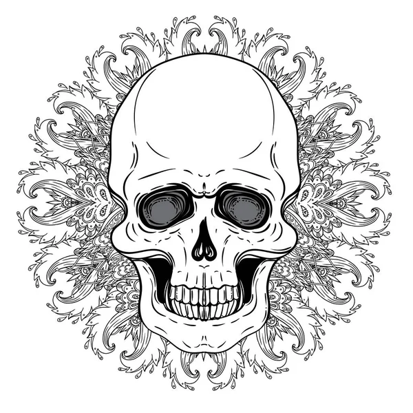 Human Skull y Lotus sobre Mandala inspiraron la Geometría Sagrada. Ayu. — Archivo Imágenes Vectoriales