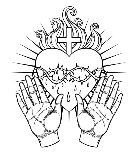 Female open hands around sacred heart of Jesus. Hope faith and h — Stock Vector