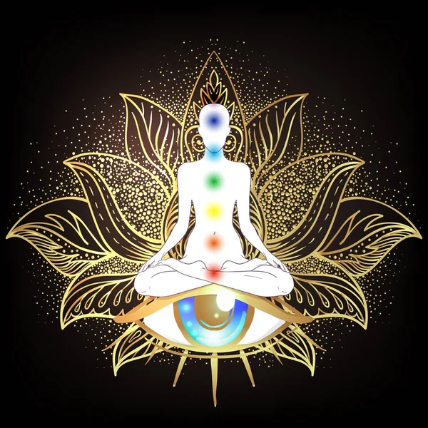 Konsep Chakra. Cinta di dalam, cahaya dan kedamaian. Siluet Buddha i - Stok Vektor