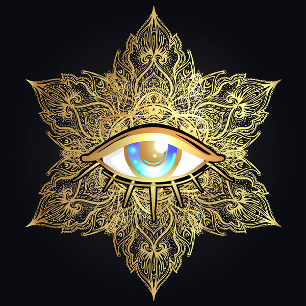 Sacred geometry symbol with all seeing eye over in gold. Mystic,