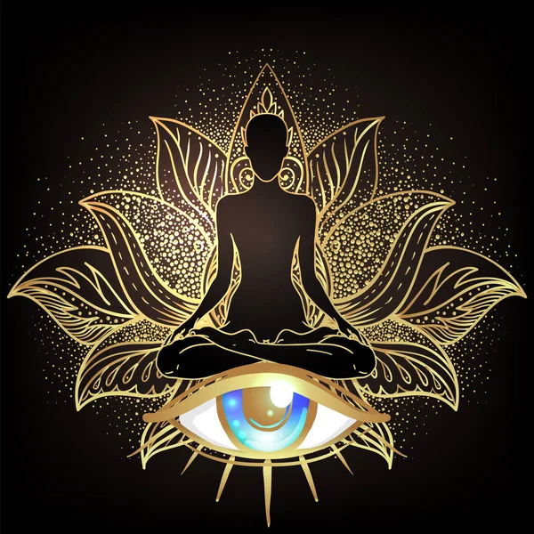 Chakra concept. Binnenste liefde, licht en vrede. Boeddha silhouet i — Stockvector