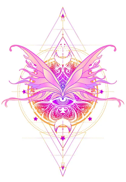 Arco iris colores mariposa sobre signo de geometría sagrada, vec aislado — Vector de stock