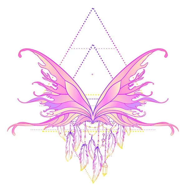 Arco iris colores mariposa sobre signo de geometría sagrada, vec aislado — Vector de stock