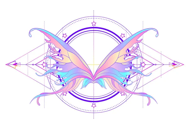Kutsal geometri işareti üzerinde gökkuşağı renkleri kelebek, izole vec