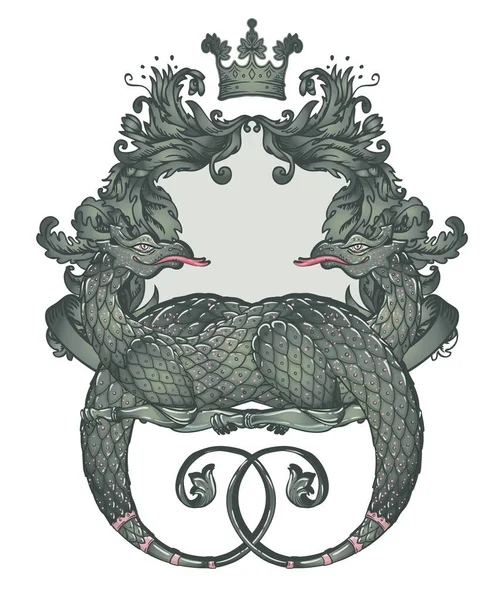 Dragón criatura de fantasía. Escudo de armas heráldico medieval cresta sh — Vector de stock
