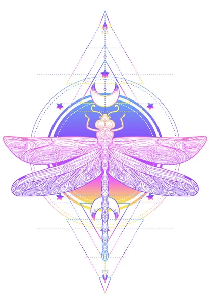 Dragonfly πάνω από ιερό σημείο γεωμετρία, απομονωμένη εικονογράφηση διάνυσμα — Διανυσματικό Αρχείο