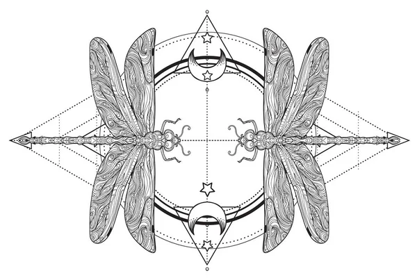 聖なる幾何学的記号の上のトンボ、隔離されたベクトルのイラスト比率 — ストックベクタ