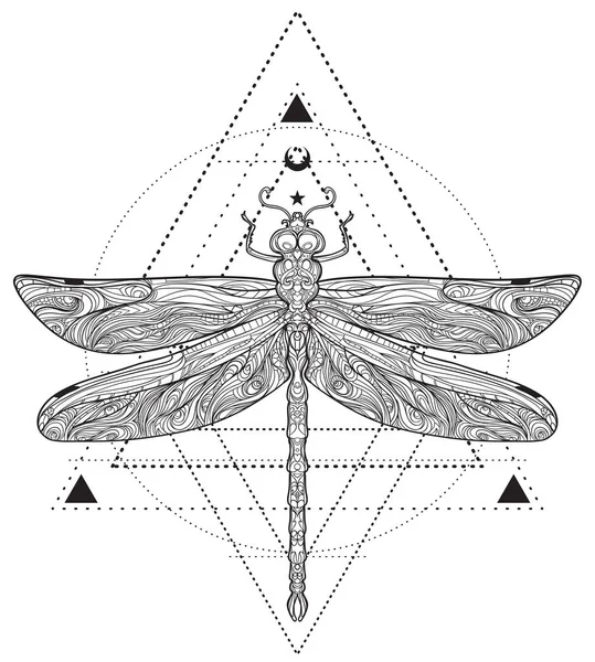 Libelle über heiligem Geometriezeichen, isolierte Vektorillustratio — Stockvektor