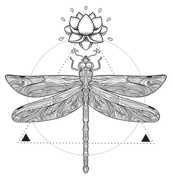 Dragonfly over sacred geometry sign, isolated vector illustratio — Stock Vector