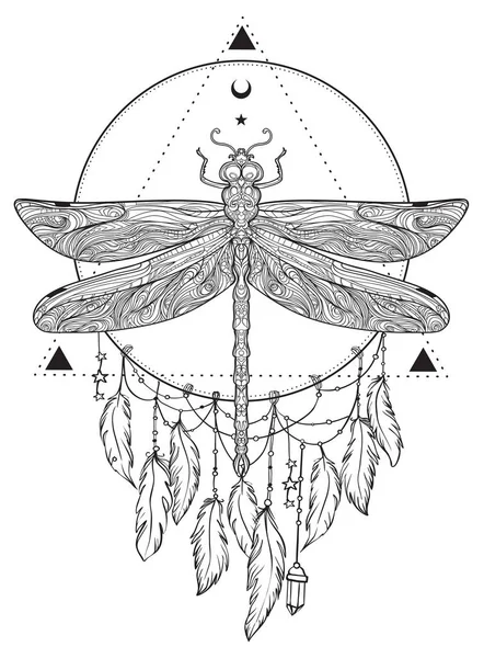 Dragonfly över heliga geometri tecken, isolerad vektor illustration — Stock vektor