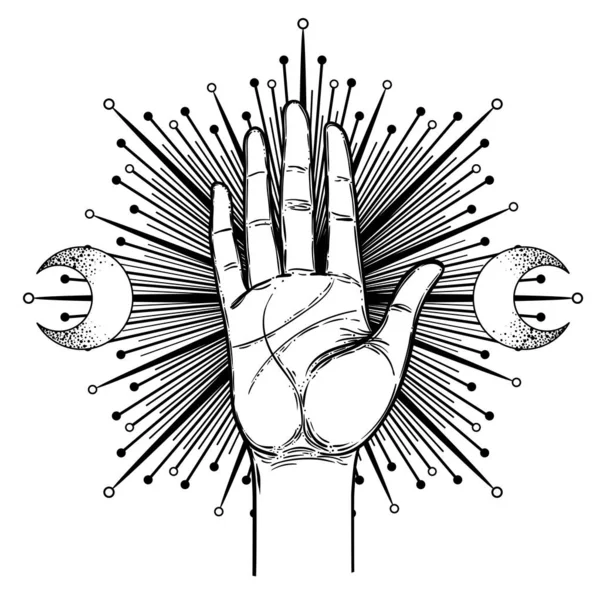 Vintage Hands. Hand drawn sketchy illustration with mystic and occult hand drawn symbols. Palmistry concept. Vector illustration. Spirituality, astrology and esoteric concept.