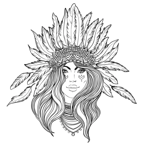 Tribal Fusion Boho Diva. Ilustrație alb-negru a nativilor — Vector de stoc
