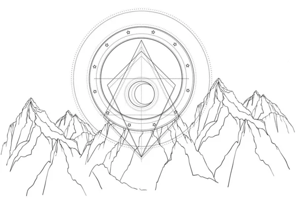 Paisaje de montaña. Ilustración vectorial en blanco y negro — Vector de stock
