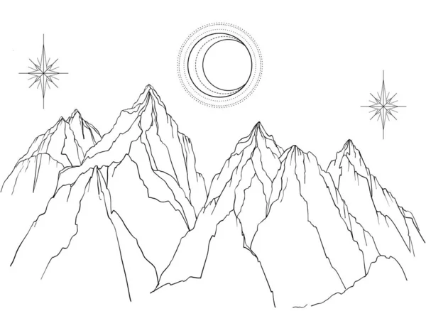 Paisaje de montaña. Ilustración vectorial en blanco y negro — Vector de stock