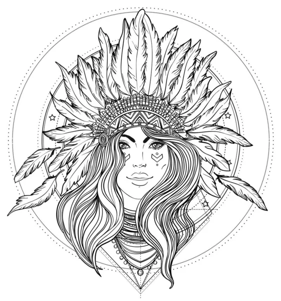 Tribal Fusion Boho Diva. Black and white illustration of Native — Stock Vector