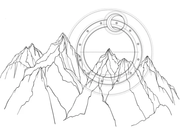 Scena peisajului montan. Ilustrație vectorială în alb și negru — Vector de stoc