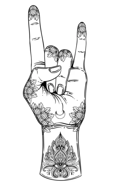 Signo de rock and roll. Ilustración dibujada a mano de la mano humana showin — Archivo Imágenes Vectoriales