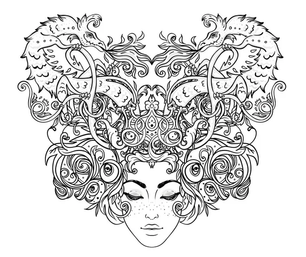 Племя Бохо Дива. Красивая девушка с украшенной короной и Фа — стоковый вектор