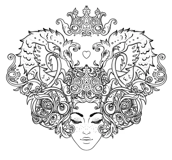 Tribal Fusion Boho Diva. Beautiful girl with ornate crown and Fa — Stock Vector