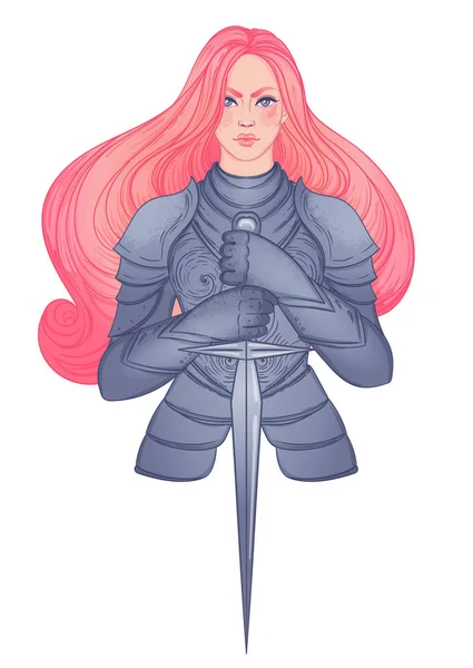 Kılıçlı Güzel Bir Kızın Portresi Zırhlı Kadın Şövalye Vektör Çizimi — Stok Vektör