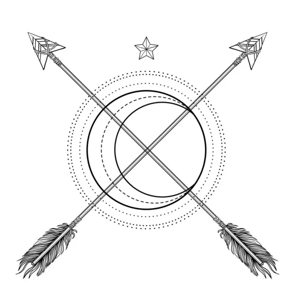 Blackwork tattoo flash. Sacred geometry, arrow and moon. Highly — Stock Vector