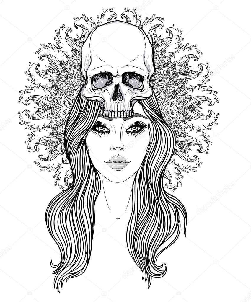 Shaman woman with a long hair and  human skull on her head. Vect