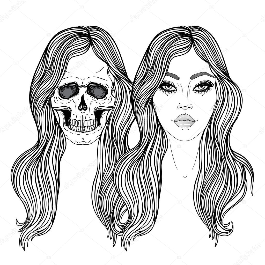 Dead and alive girls with long hair, mysticism, tattoos. Hand dr