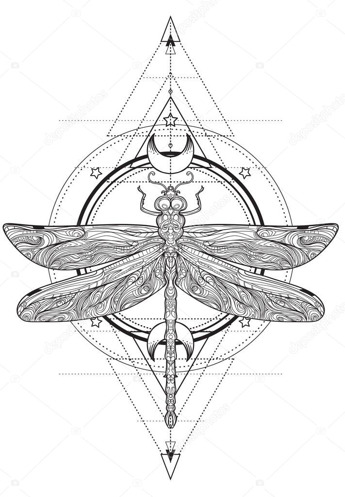 Dragonfly over sacred geometry sign, isolated vector illustratio