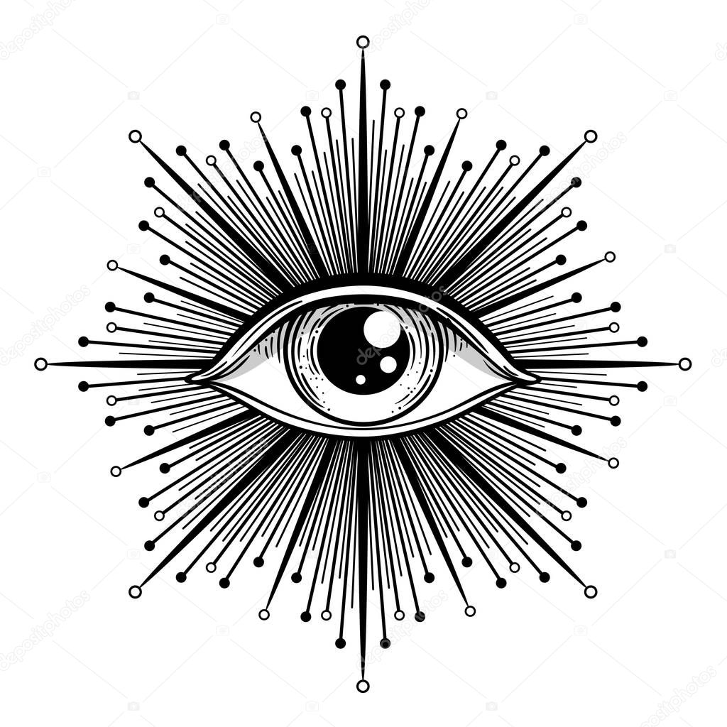Blackwork tattoo flash. Eye of Providence. Masonic symbol. All seeing eye inside triangle pyramid. New World Order. Sacred geometry, religion, spirituality, occultism. Isolated vector illustration.